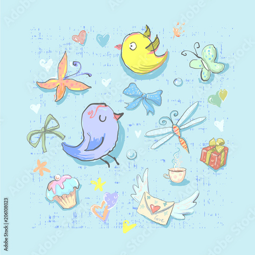 Collection Set of Cute Birthday Party Themed Birds and different elements hand drawn directly in vector