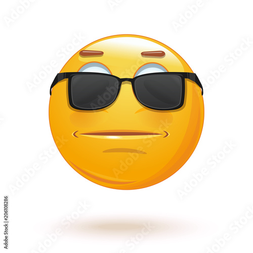 Indifferent emoticon face in sunglasses. Neutral expressionless emoji. Vector illustration