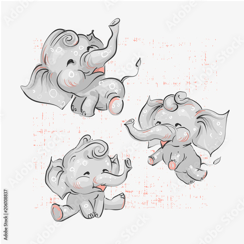 Canvas Print Cute baby elephants set hand drawn vector illustration