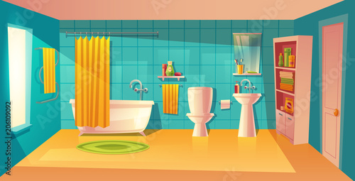 Vector bathroom interior, room with furniture. White bathtub with curtain, closet with shelves and washing gel, shampoo. Mirror, faucet, sink. Household background cartoon architecture decoration