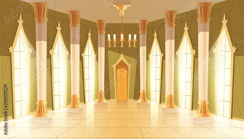 Vector castle hall, interior of ballroom for dancing, presentation or royal reception. Big room with chandelier, columns, pillars in luxury medieval palace. Fantasy, fairy tale or game background