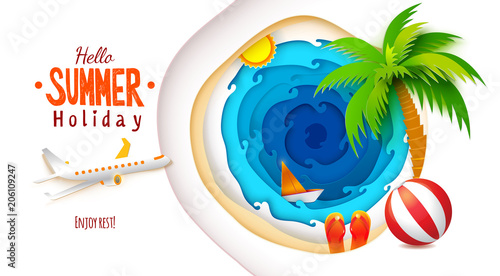 Paper art and craft style. Sun, sea, palm, flip-flops and aircraft is flying to rest. Vector Paper art cut out illustration. Tropic landscape for travel, vacation, adventure banners. Summer lettering