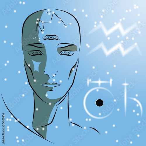 Sign of the zodiac Aquarius. Girl is a fortuneteller with third eye, constellation, sign of zodiac and planets by spotters. Vector background of stars. Trigon of air.