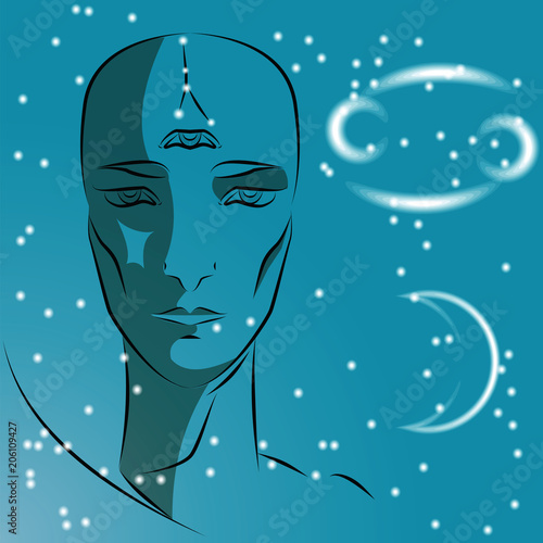 Sign of zodiac Cancer. Girl is fortuneteller with third eye, constellation, sign of zodiac and planet as protector. Vector background of stars. Trigon water.