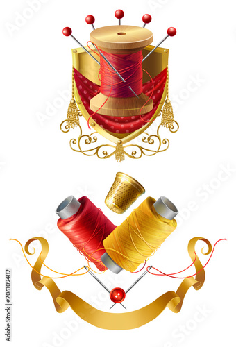 Vector 3d realistic tailor emblems. Icon of royal atelier with wooden reel with threads, needles for dressmaking, needlework. Sewing collection with ribbons. Thimble, pin cushion for handmade, hobby