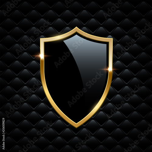 Black shield with golden frame isolated on VIP background. Vector luxury design element.