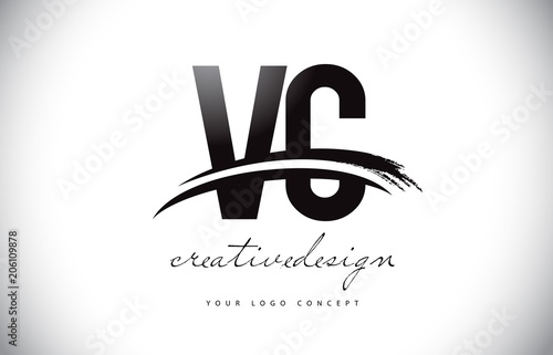 VC V C Letter Logo Design with Swoosh and Black Brush Stroke.