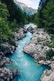 Beautiful blue apline river Soca, popular outdoor destination, Soca Valley, Slovenia, Europe