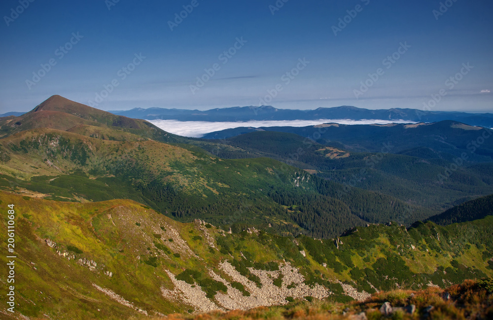Beautiful mountains and blue sky in the Carpathians. Ukraine.