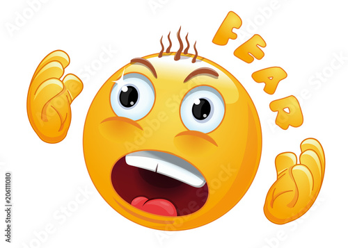 Emoticon face in horror. The frightened smiley screams in fear. Panic emoticon. Emoji hair stood on end with fear. Vector illustration