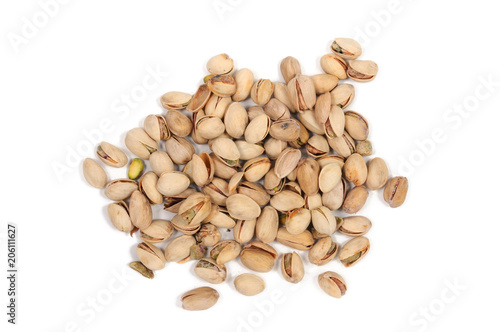 Pistachios on a white background. View from above.