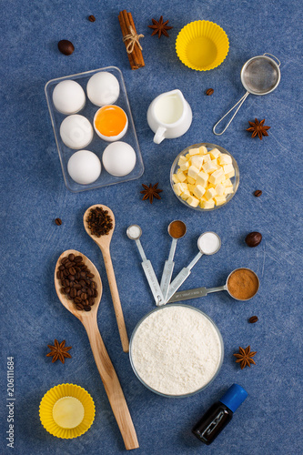 Baking composition eggs flour milk butter spices kitchen tools