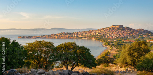 Panorama view of the village Molivos in evening light  Lesvos  Greece  Europe