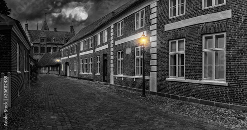 Fototapeta Naklejka Na Ścianę i Meble -  Full moon over the street of the old town  - night landscape, Ribe, Denmark - Black And White