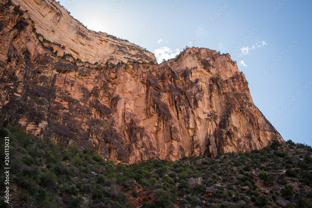 A large rock wall seen from the inside of the Grand Canyon in Arizona. 