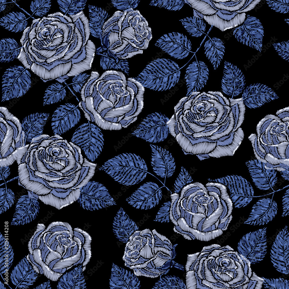 Embroidery seamless pattern texture, wallpaper, background with beautiful  blue roses. Vector floral ornament on black background. Template for  printing, textiles, design Stock Vector
