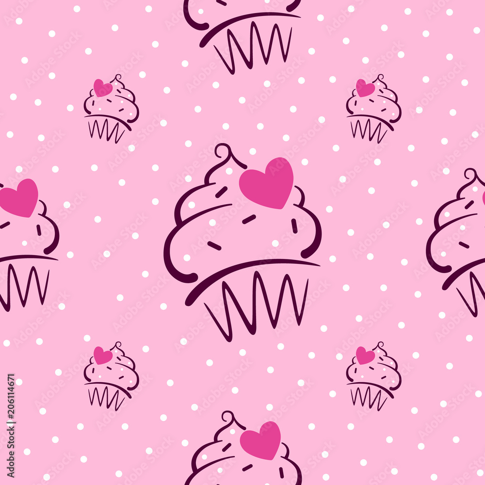 Seamless pattern with outline cupcakes, hearts and dots on the pink background