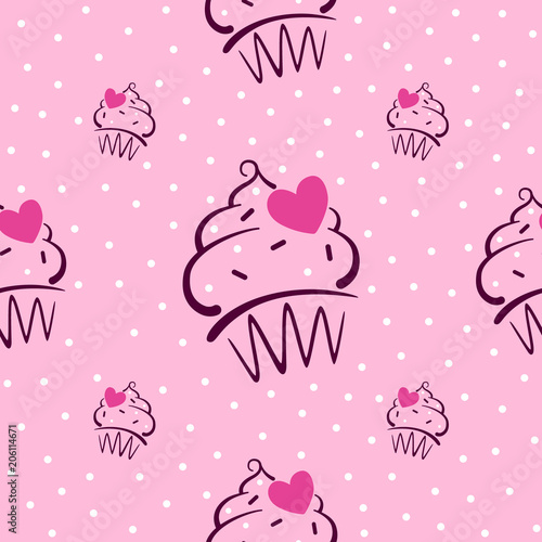 Seamless pattern with outline cupcakes, hearts and dots on the pink background