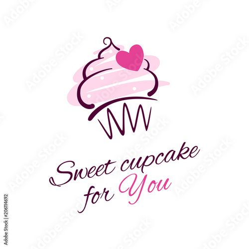 Greeting card template with cupcake illustration, pink heart and typographic text on the white background