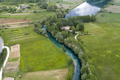Aerial view of the beautiful Lake of Posta fibreno in Frosinone 