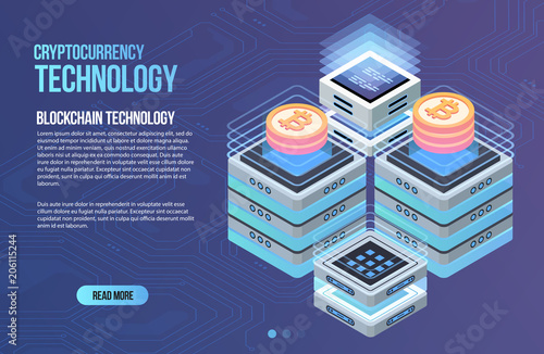 Blockchain network business template. Cryptocurrency and blockchain isometric composition. Mining Abstract Technology. Digital money system. Layout for web and app.