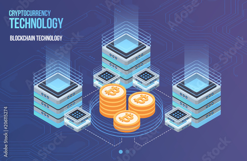 Blockchain network business template. Cryptocurrency and blockchain isometric composition. Mining Abstract Technology. Digital money system. Layout for web and app.