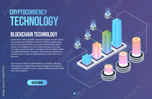 Blockchain network business template. Cryptocurrency and blockchain isometric composition. Mining Abstract Technology. Digital money system. Layout for web and app.
