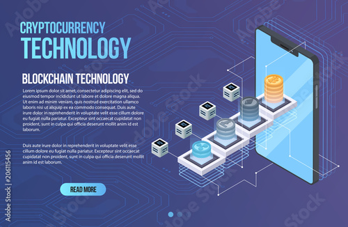 Blockchain network business template. Cryptocurrency and blockchain isometric composition. Mining Abstract Technology. Digital money system. Layout for web and app.