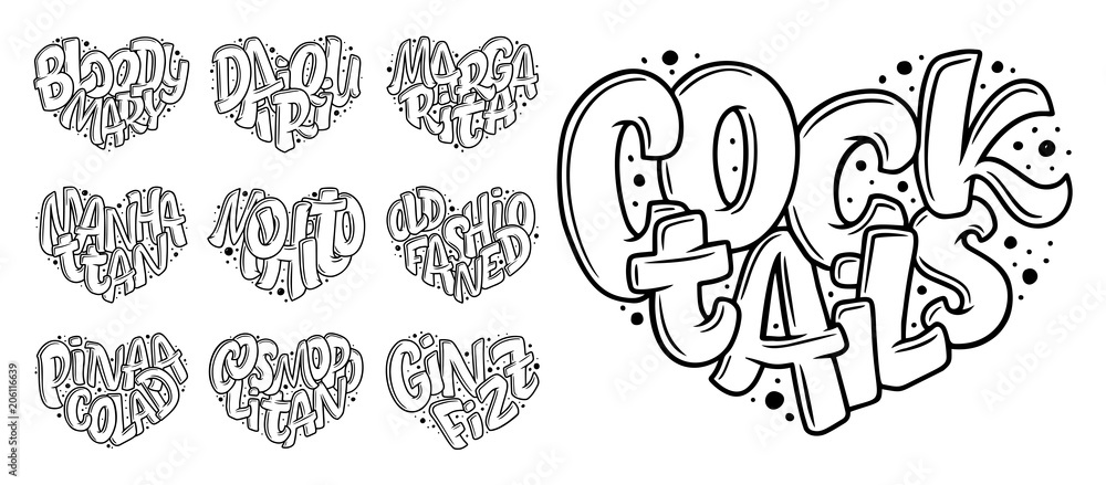 Set of cocktails names, lettering in heart - Gin Fizz, Cosmopolitan, Pina Colada, Old Fashioned, Mojito, Manhattan, Margarita, Daiquiri, Bloody Mary. Hand drawn illustration in bubble style.