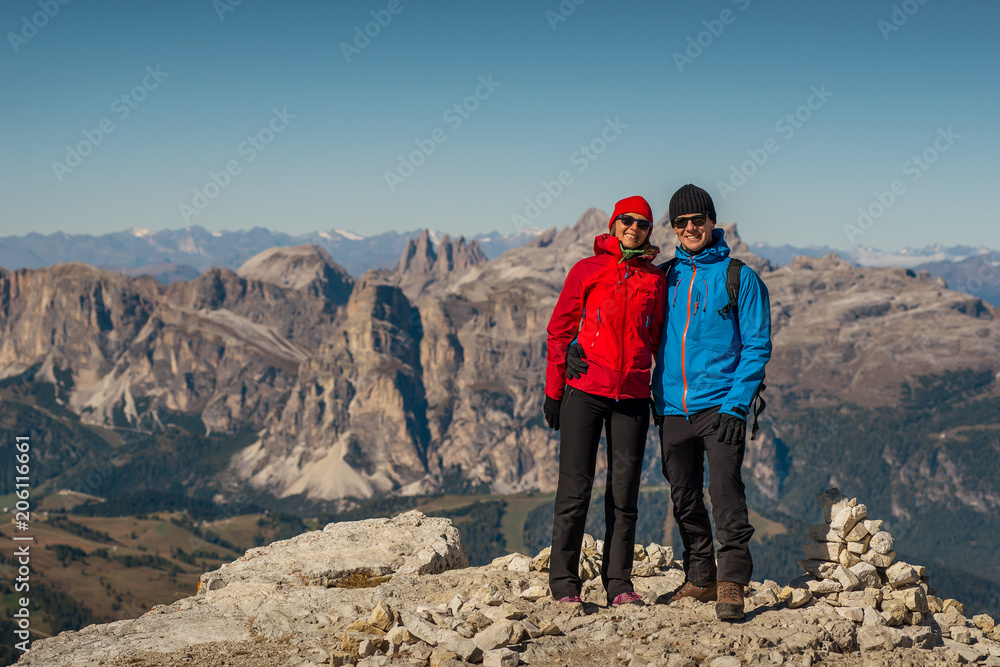 young couple in italien dolomites, rifugio lagazuoi, cortina d´ampezzo, south tyrol