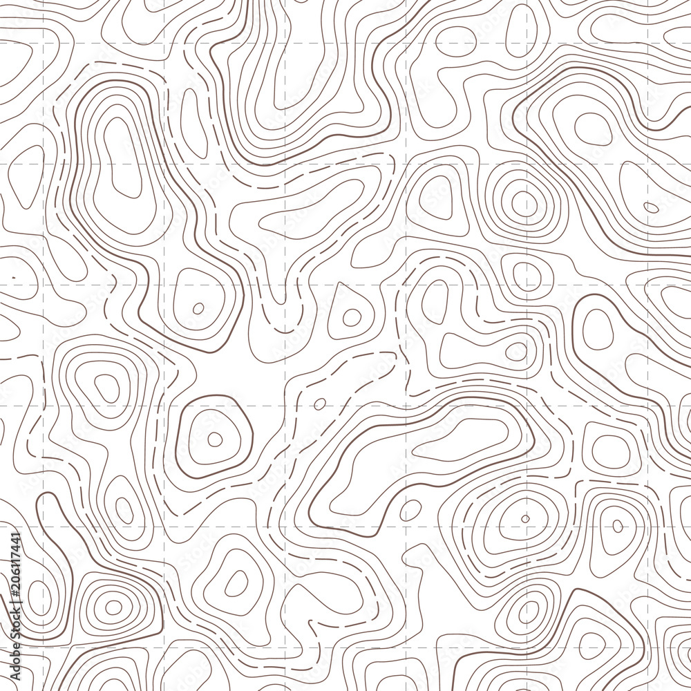 Creative vector illustration of topographic map. Art design contour background. Abstract concept graphic element and geography scheme. Mountain hiking trail grid, terrain path