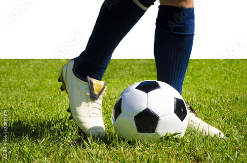 Legs of football player, soccer player and soccer ball isolated white background with copy space use for sport and athletic topic