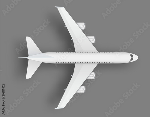 Creative vector illustration of plane isolated on colorful background. Top view airplane. Travel art design of summer vacation. Copy space for you presentation. Abstract concept graphic element