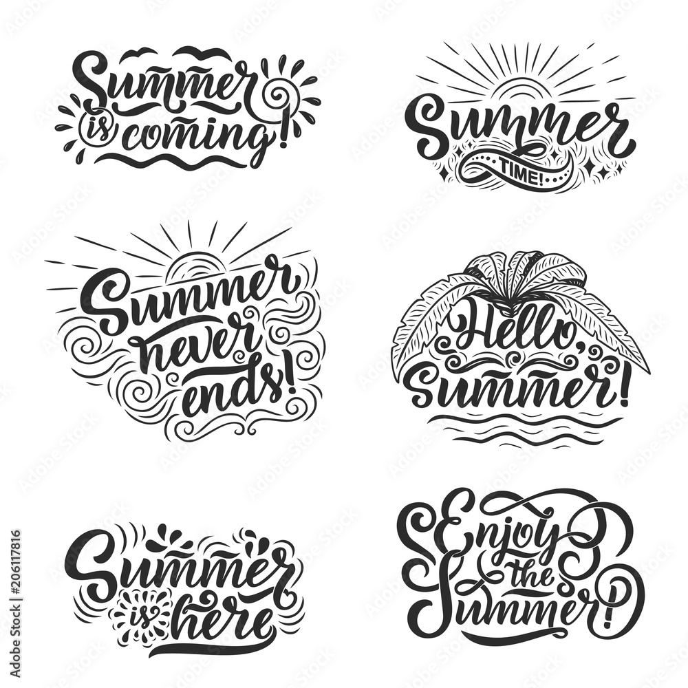 Vector hand drawn set with lettering about Summer. Isolated calligraphy for travel agency, beach party. Great design for postcard, print or poster. Vector hand drawn set with lettering about Summer. Isolated calligraphy for travel agency, beach party. Great design for postcard, print or poster.