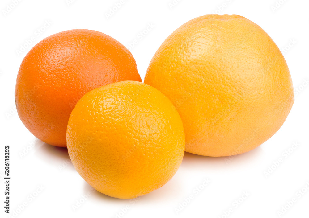 Grapefruit, honey pomelo and oranges isolated on white Grapefruit, honey pomelo and oranges isolated on white