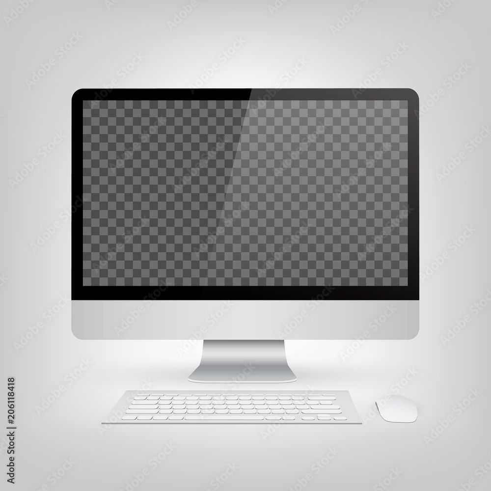 Creative vector illustration of render monitor mock up with blank screen isolated on the background. Computer display, mouse, keyboard. Art design. 3D Front view. Abstract concept graphic element Creative vector illustration of render monitor mock up with blank screen isolated on the background. Computer display, mouse, keyboard. Art design. 3D Front view. Abstract concept graphic element