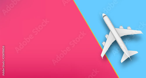Creative vector illustration of plane isolated on colorful background. Top view airplane. Travel art design of summer vacation. Copy space for you presentation. Abstract concept graphic element