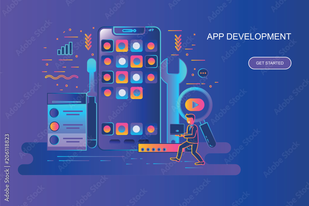 Modern gradient flat line concept web banner of app development with decorated small people character. Landing page template. - obrazy, fototapety, plakaty 