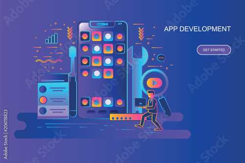 Modern gradient flat line concept web banner of app development with decorated small people character. Landing page template.