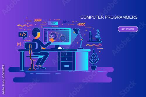 Modern gradient flat line concept web banner of computer programmers with decorated small people character. Landing page template.