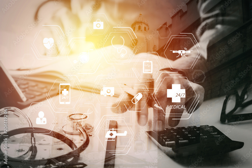 Fototapeta premium Healthcare costs and fees concept.Hand of smart doctor used a calculator for medical costs in modern hospital