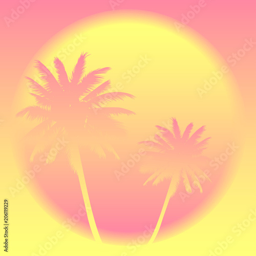 Summer background. Soft colors pink yellow sky  palm trees. Summer exotic beach with palm trees. Palm  sun  beach  sunrise  sunset. Summer concept. Template for posters  flyers  postcards Vector AI10
