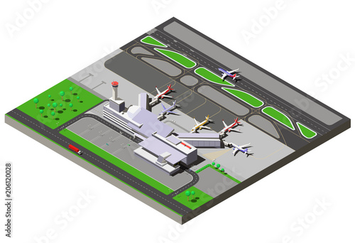 Vector isometric international airport terminal with traffic control tower and passenger jets