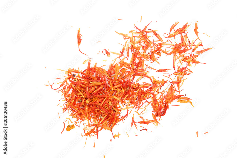 Naklejka premium Heap of saffron isolated on white background. Top view. Flat lay