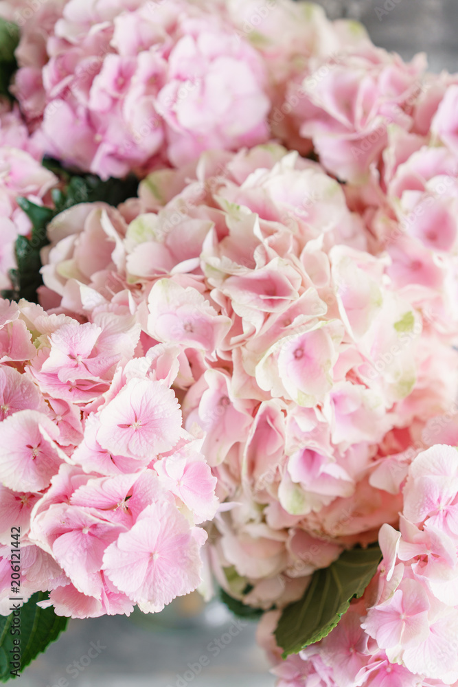 Fototapeta piękne kwiaty hortensji w wazonie na stole. Bukiet jasnoniebieskich, liliowych i różowych kwiatów. Dekoracja domu. Tapeta i tło. Zdjęcie pionowe