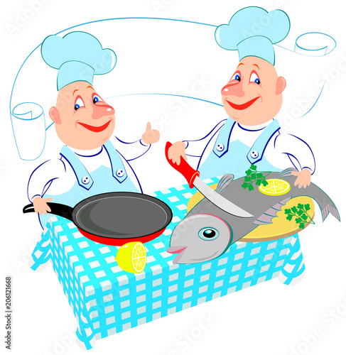 Illustration of two cheerful cooks preparing fish in the kitchen. Advertising for the restaurant. Vector cartoon image.