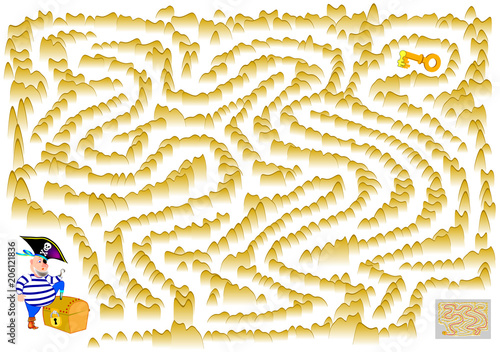 Logic puzzle game with labyrinth for children and adults. The pirate has lost the key to the chest between the rocks. Help him find the way. Vector image.
