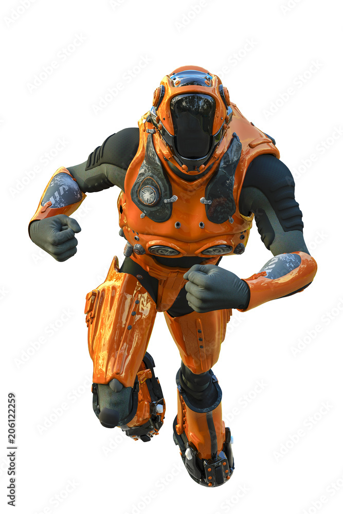 astronaut in orange exo suit exploring arround