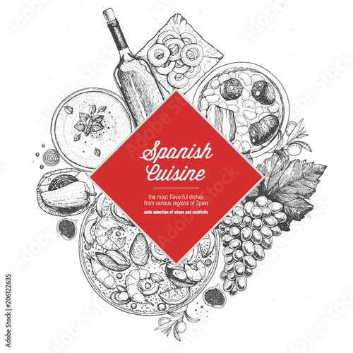 Spanish cuisine label. A set of spanish dishes with paella, gazpacho, tapas, sausages, snack. Food menu design template. Vintage hand drawn sketch vector illustration.Engraved image