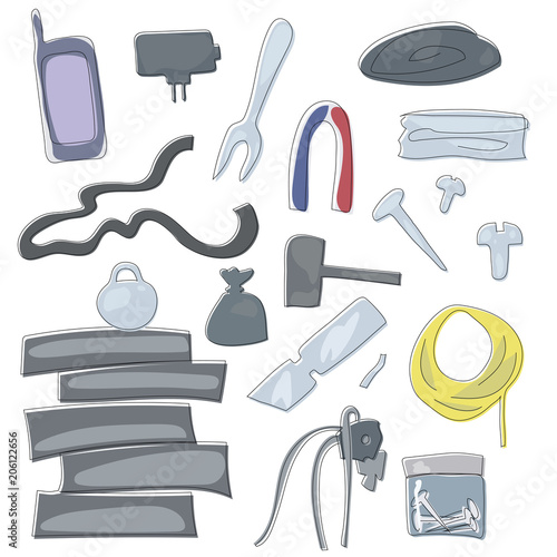 working tools metal parts repair wire wires magnet parts gadgets walkie-talkie mobile phone set isolated vector drawings on white background